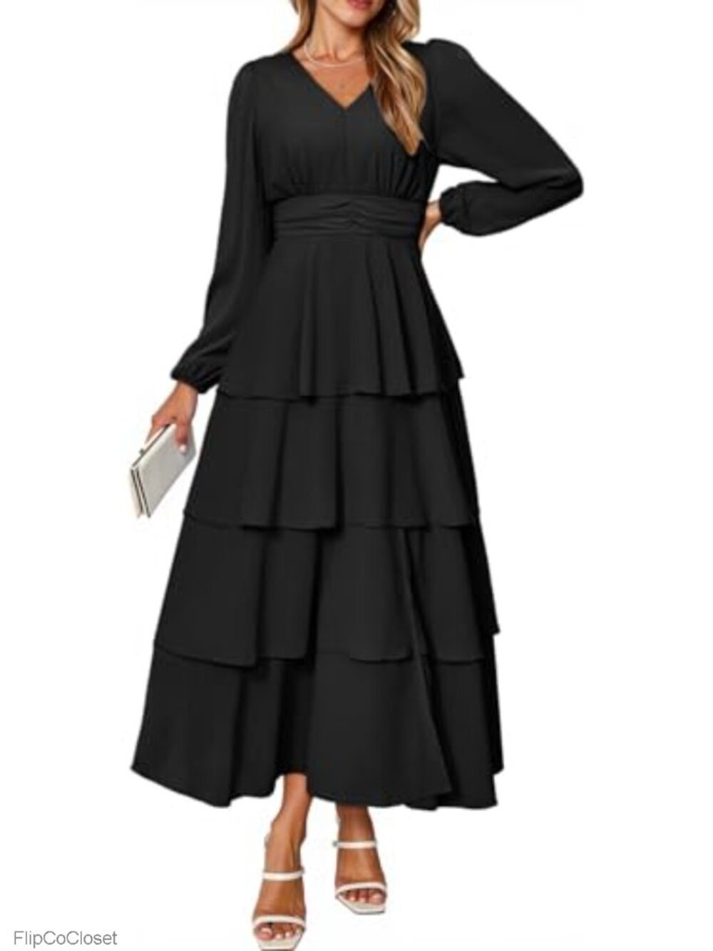 Women's Chiffon Flowy Maxi Dress Long Sleeve V-Neck Ruffle Tiered Boho Casual